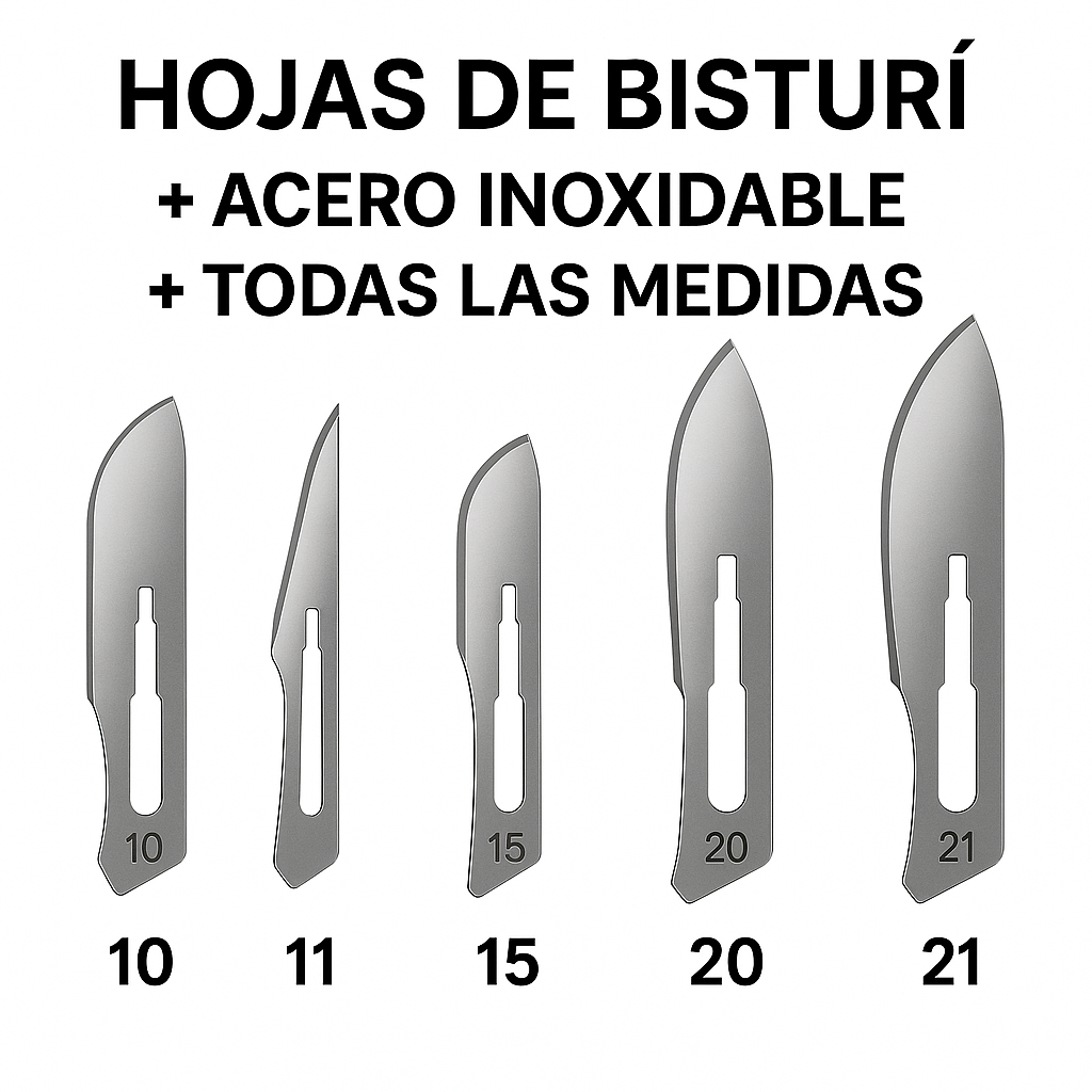 Hojas de Bisturí Acero Inoxidable Estériles – N°10/11/15/20/21 (Caja 100 u.)
