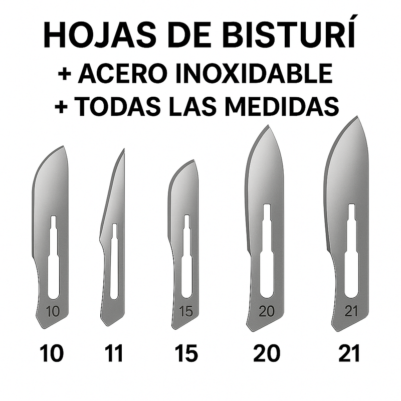 Hojas de Bisturí Acero Inoxidable Estériles – N°10/11/15/20/21 (Caja 100 u.)