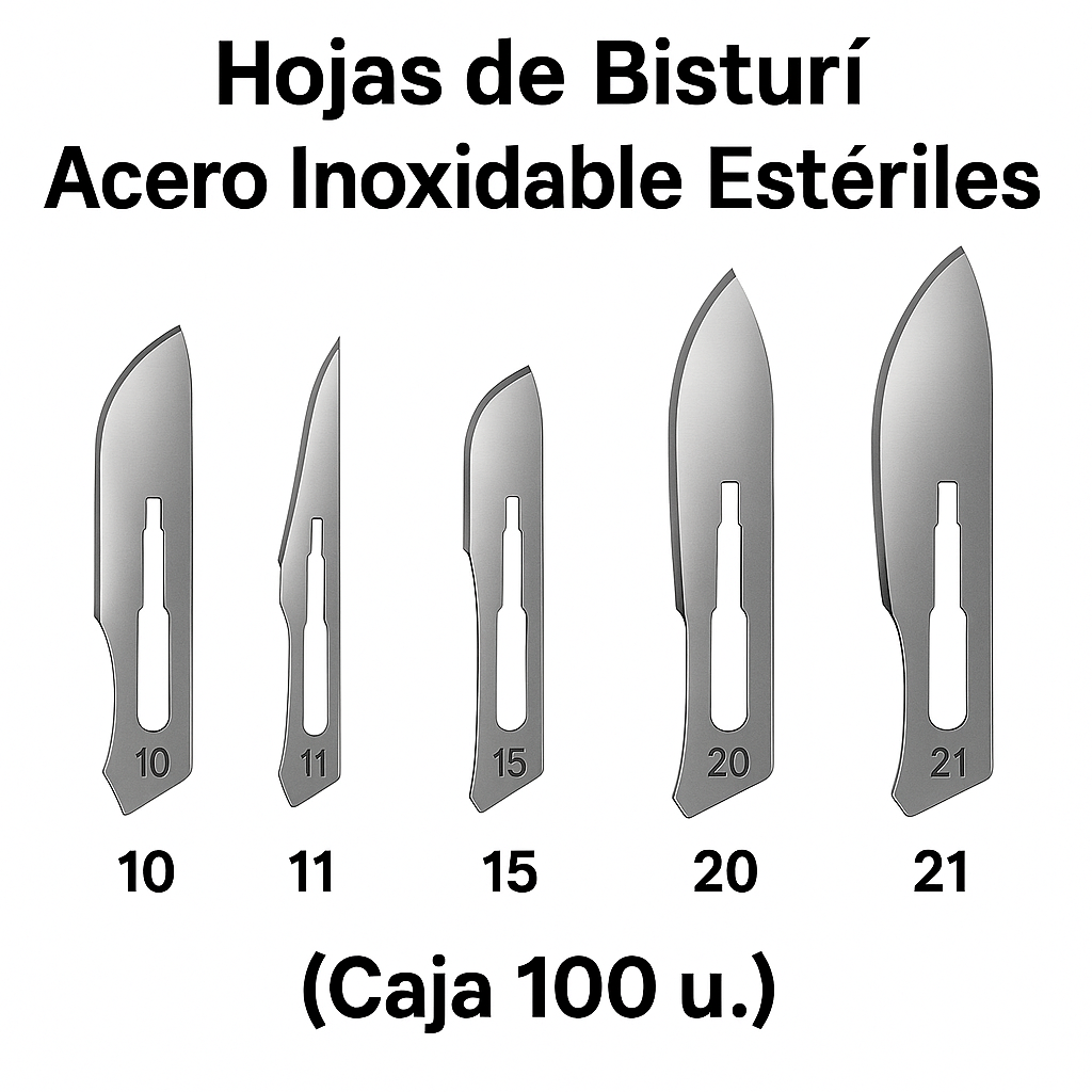 Hojas de Bisturí Acero Inoxidable Estériles – N°10/11/15/20/21 (Caja 100 u.)