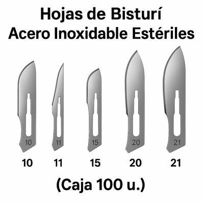 Hojas de Bisturí Acero Inoxidable Estériles – N°10/11/15/20/21 (Caja 100 u.)