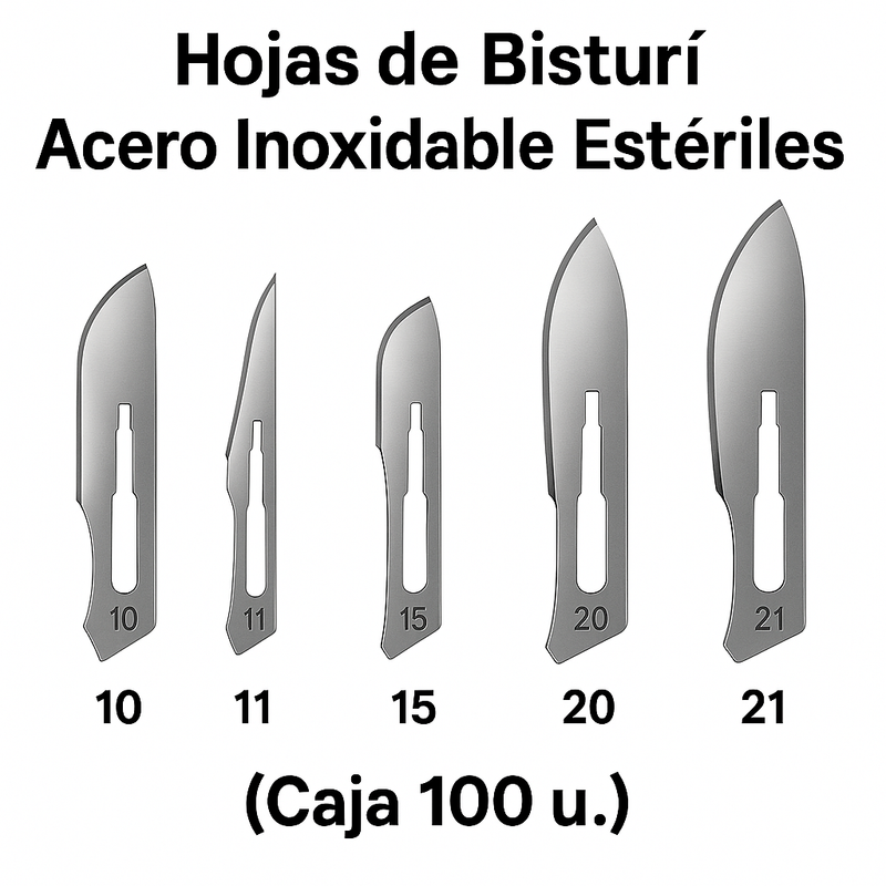 Hojas de Bisturí Acero Inoxidable Estériles – N°10/11/15/20/21 (Caja 100 u.)