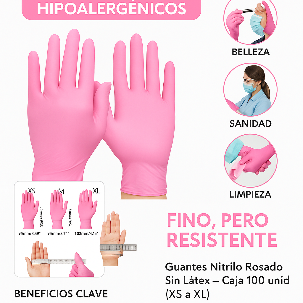 Guantes Nitrilo Rosado Sin Látex – Caja 100 unid (XS a XL)