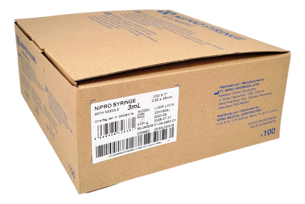 Jeringa Con Aguja 3ml Nipro 23g X 1 Luer Lock 100 Un-insumos-medicos-despacho