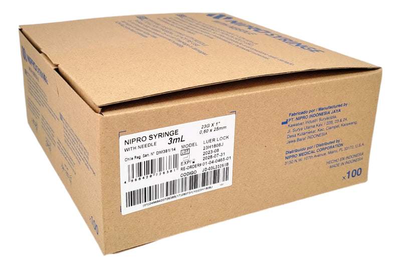Jeringa Con Aguja 3ml Nipro 23g X 1 Luer Lock 100 Un-insumos-medicos-despacho