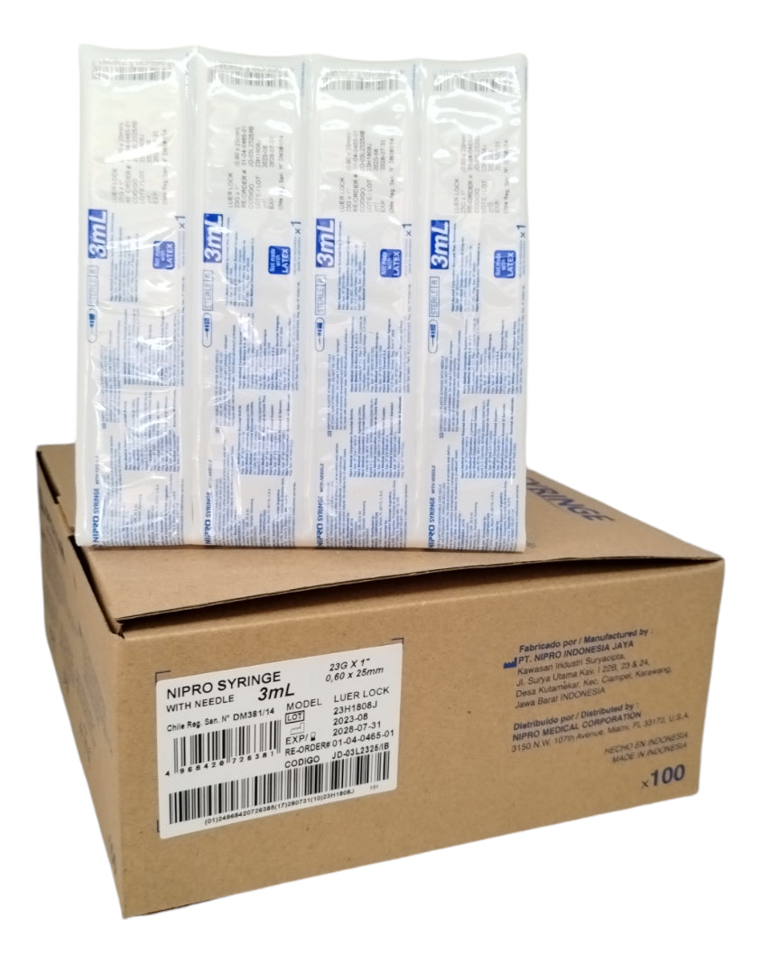 Jeringa Con Aguja 3ml Nipro 23g X 1 Luer Lock 100 Un-insumos-medicos-despacho