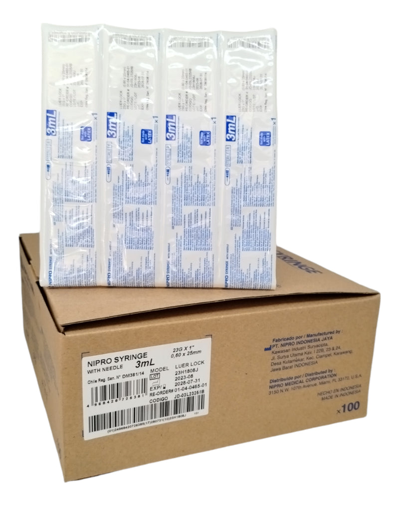Jeringa Con Aguja 3ml Nipro 23g X 1 Luer Lock 100 Un-insumos-medicos-despacho