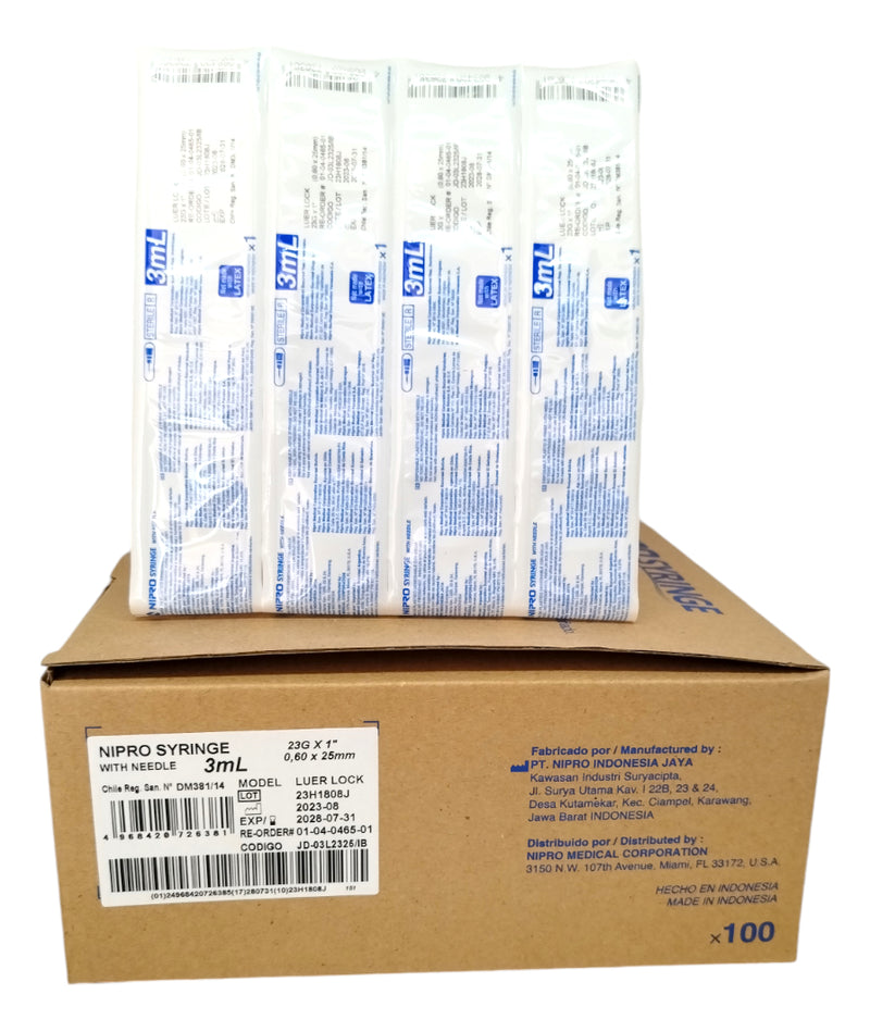 Jeringa Con Aguja 3ml Nipro 23g X 1 Luer Lock 100 Un-insumos-medicos-despacho