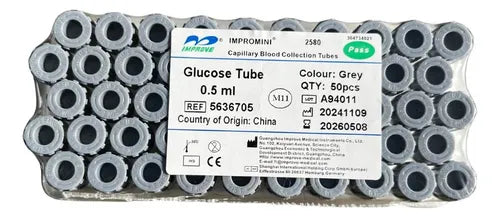 Tubo Capilar Glucosa 0,5 ml Tapa Gris | CE Na‑Fluoruro + Oxalato