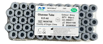 Tubo Capilar Glucosa 0,5 ml Tapa Gris | CE Na‑Fluoruro + Oxalato