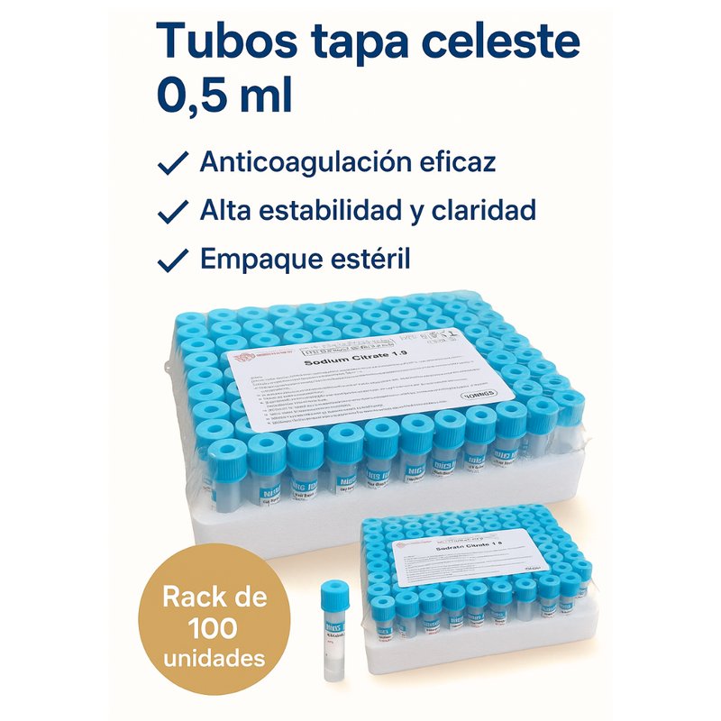 Tubo Tapa Celeste 0,5 ml Citrato Sodio | Pack x100