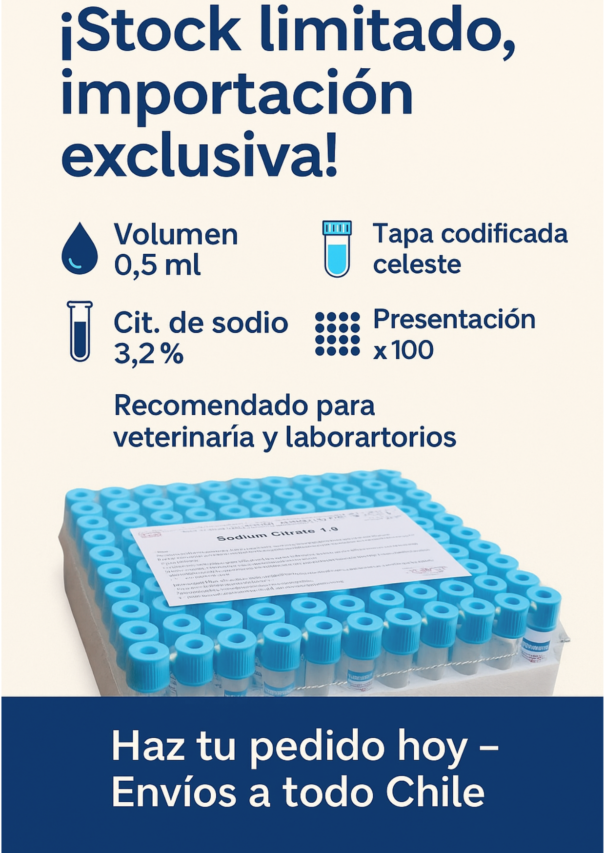 Tubo Tapa Celeste 0,5 ml Citrato Sodio | Pack x100