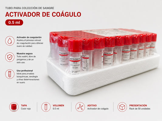 Tubo Tapa Roja 0,5 ml Activador de Coágulo - Pack 50 Unidades