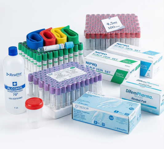 Kit de insumos médicos con tubos de sangre, jeringas, agujas, guantes y alcohol para uso clínico y veterinario