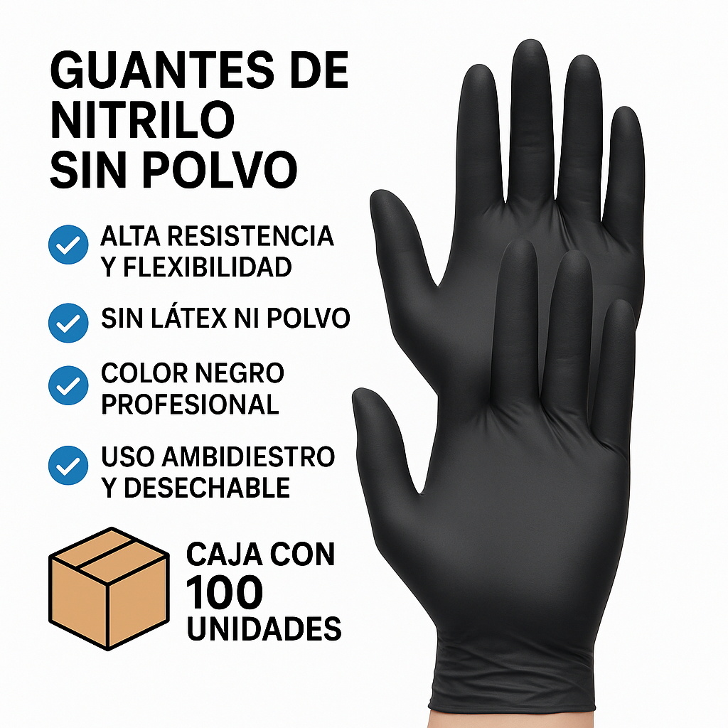 Guantes de Nitrilo Negro Sin Polvo | Caja x 100 unidades – Alta Resistencia y Protección Médica