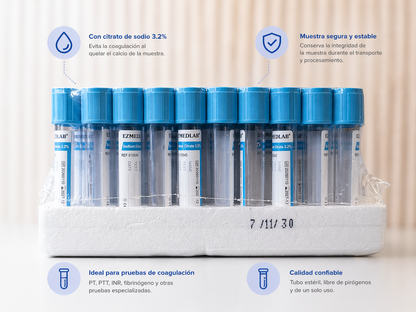 Tubo Vacutainer Tapa Celeste 4,5ml Citrato Sodio 3,2% x100