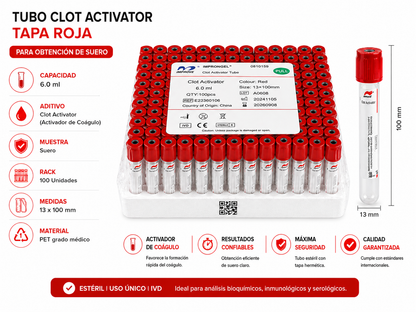 Tubo Vacutainer Tapa Rojo 6ml Activador Coágulo x100 | Serología
