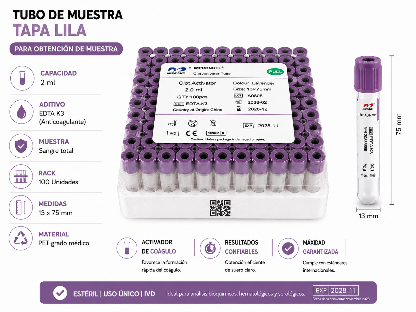 Tubo Vacutainer Tapa Lila 2ml EDTA K3 x100 | Hematología