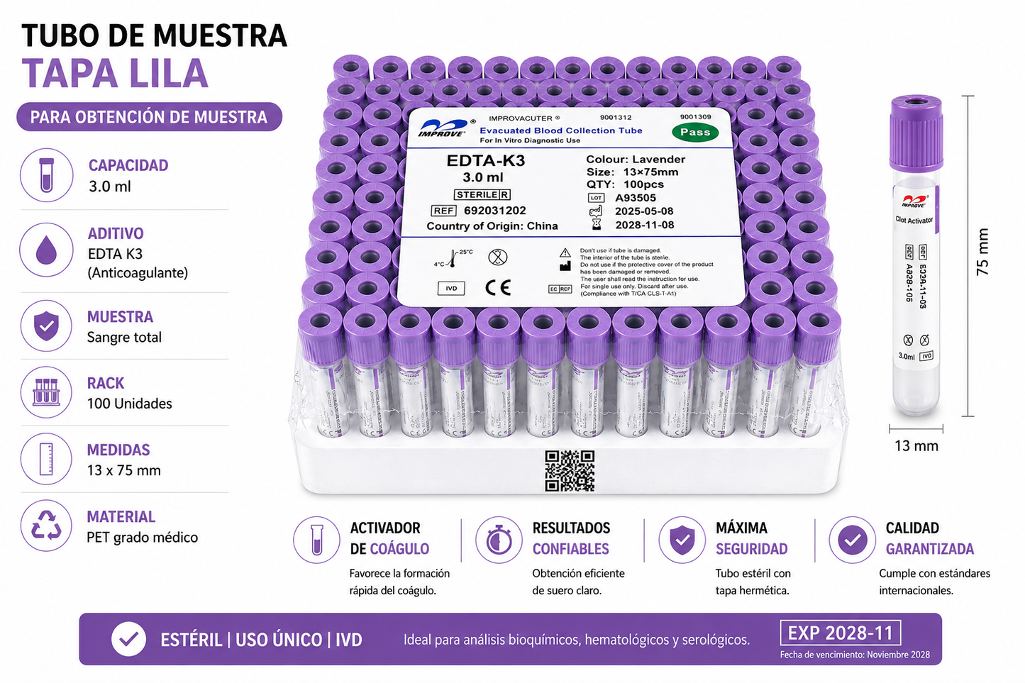 Tubo Vacutainer Tapa Lila 3ml EDTA K3 x100 | Hematología