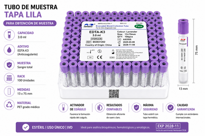 Tubo Vacutainer Tapa Lila 3ml EDTA K3 x100 | Hematología