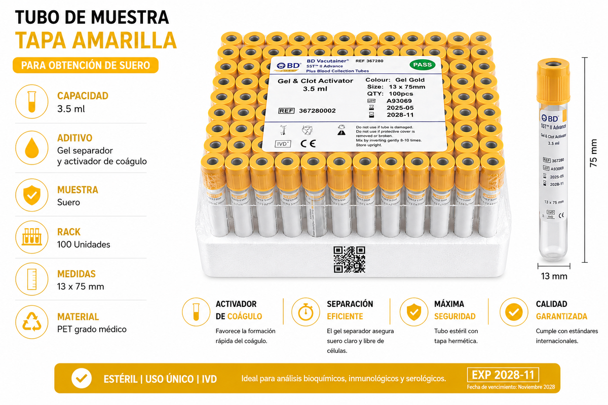 Tubo Tapa Amarillo 3,5ml Gel Activador x100 vacutainer | Bioquímica - imagen 2