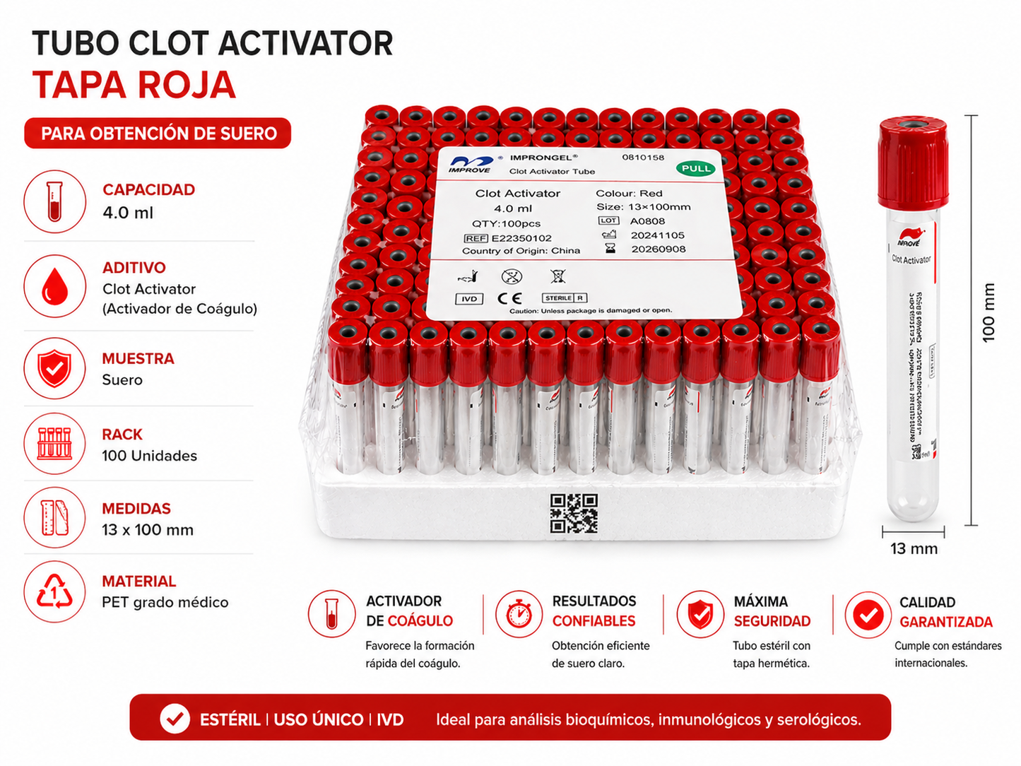 Tubo Tapa Roja 4 ml con Activador de Coágulo – Rack 100 Unidades