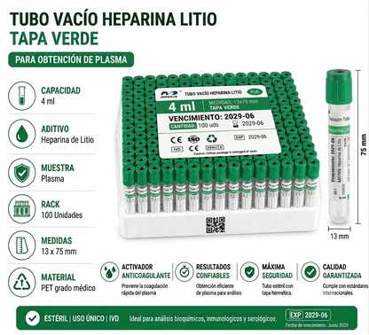 Tubo Vacutainer Tapa Verde 4ml Li-Heparina Gel x100 | Bioquímica