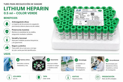 Tubo Tapa Verde 0,5 ml Heparina Litio - rack 50  unidades