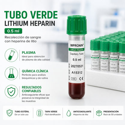 Tubo Tapa Verde 0,5 ml Heparina Litio - rack 50  unidades