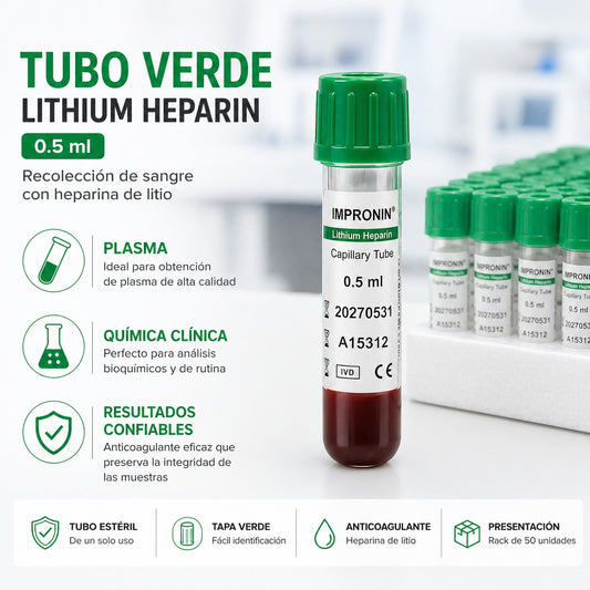 Tubo Tapa Verde 0,5 ml Heparina Litio - rack 50  unidades