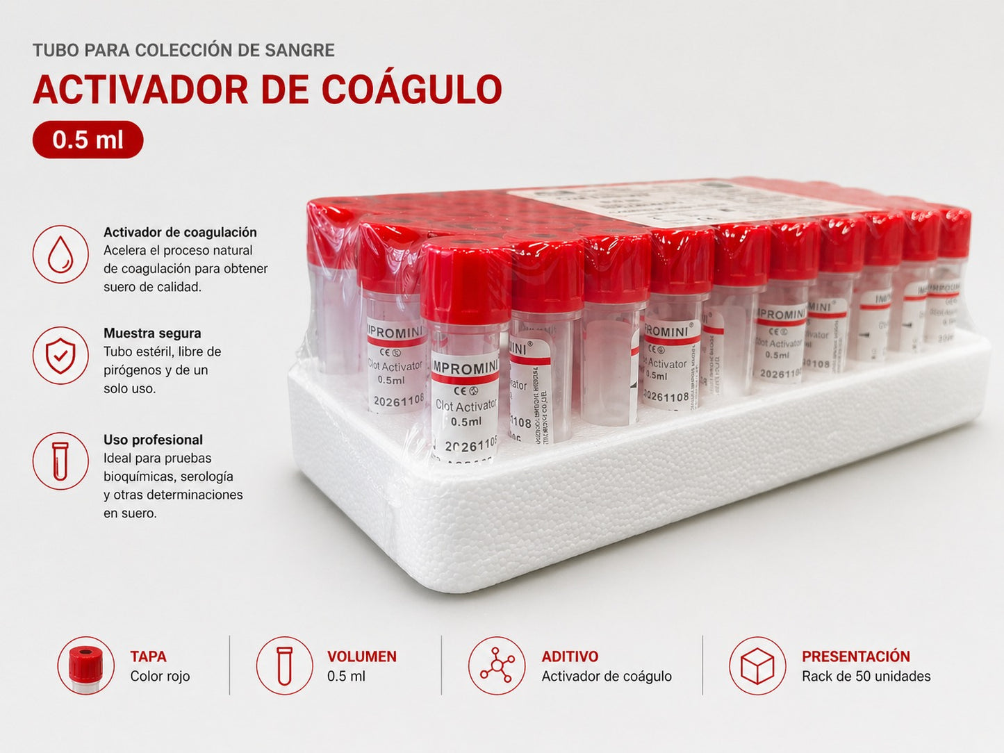 Tubo Tapa Roja 0,5 ml Activador de Coágulo - Pack 50 Unidades