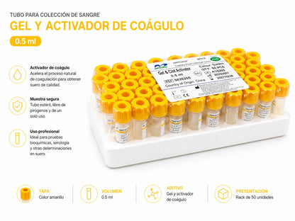 Tubo Tapa Amarilla 0,5 ml Gel Activador Coágulo - Pack 50 Unid