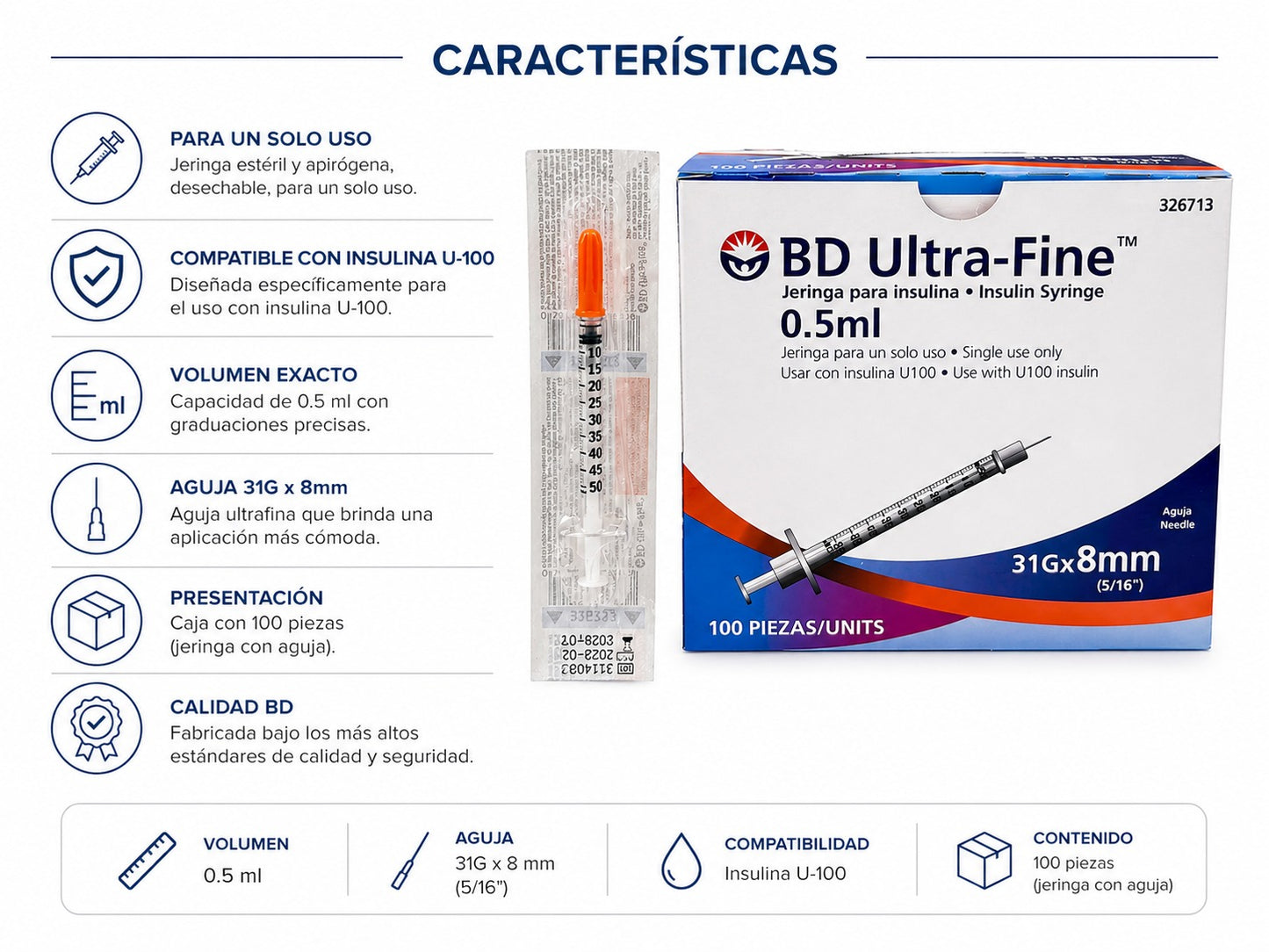 Jeringa Insulina BD Ultra-Fine 0,5 ml 31G x 8 mm – Caja x100