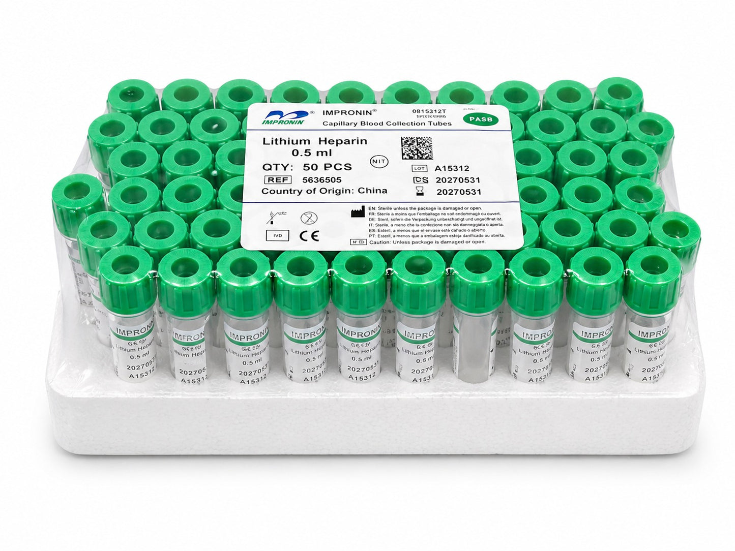Tubo Tapa Verde 0,5 ml Heparina Litio - rack 50  unidades