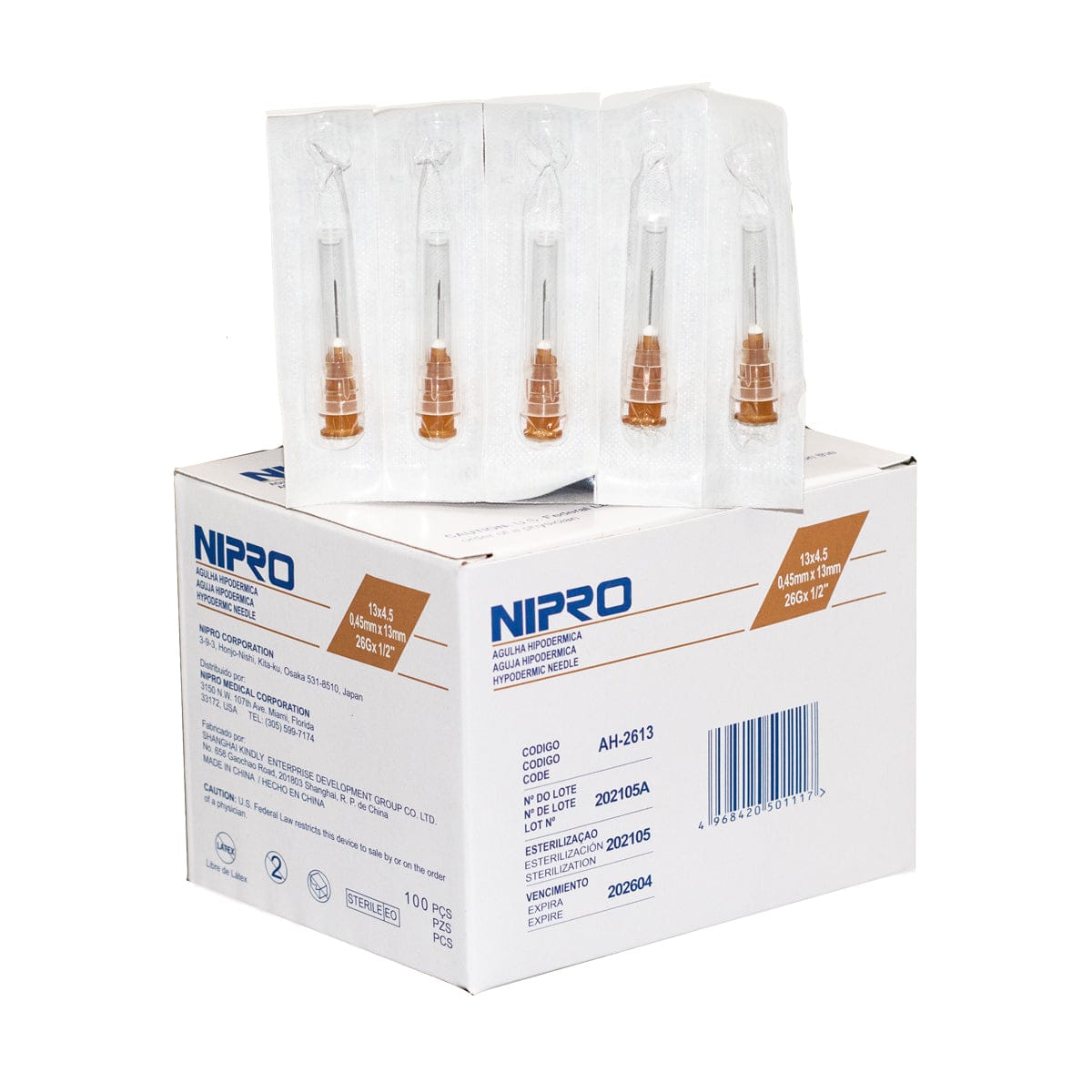 FASMED.CL Aguja Hipodérmica 26G X 1/2 Agujas Hipodérmicas Nipro Desechables Caja x100