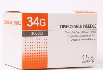 FASMED.CL aguja mesoterapia 34G x 4 mm Agujas Hipodérmicas para Mesoterapia Luer Lock 30G 32G 34G – Caja 100 Unidades