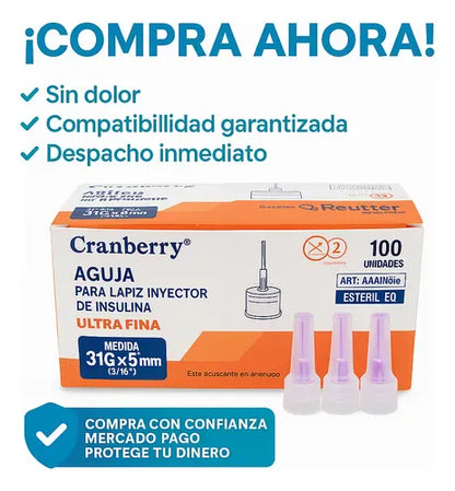 FASMED.CL Agujas lápiz Insulina Cranberry 32G 4mm Aguja Lápiz Insulina Cranberry 32G x4mm Ultra Fina x100