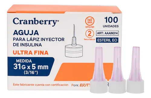 FASMED.CL Agujas lápiz Insulina Cranberry 32G 4mm Aguja Lápiz Insulina Cranberry 32G x4mm Ultra Fina x100