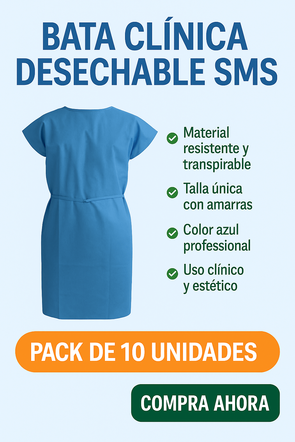 FASMED.CL Bata Desechable SMS Bata de Paciente Desechable SMS Azul | Talla Única | Uso Clínico y Estético