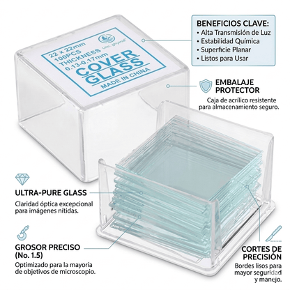FASMED.CL Cubreobjetos para Microscopio Vidrio – Caja 100 Unidades Laboratorio