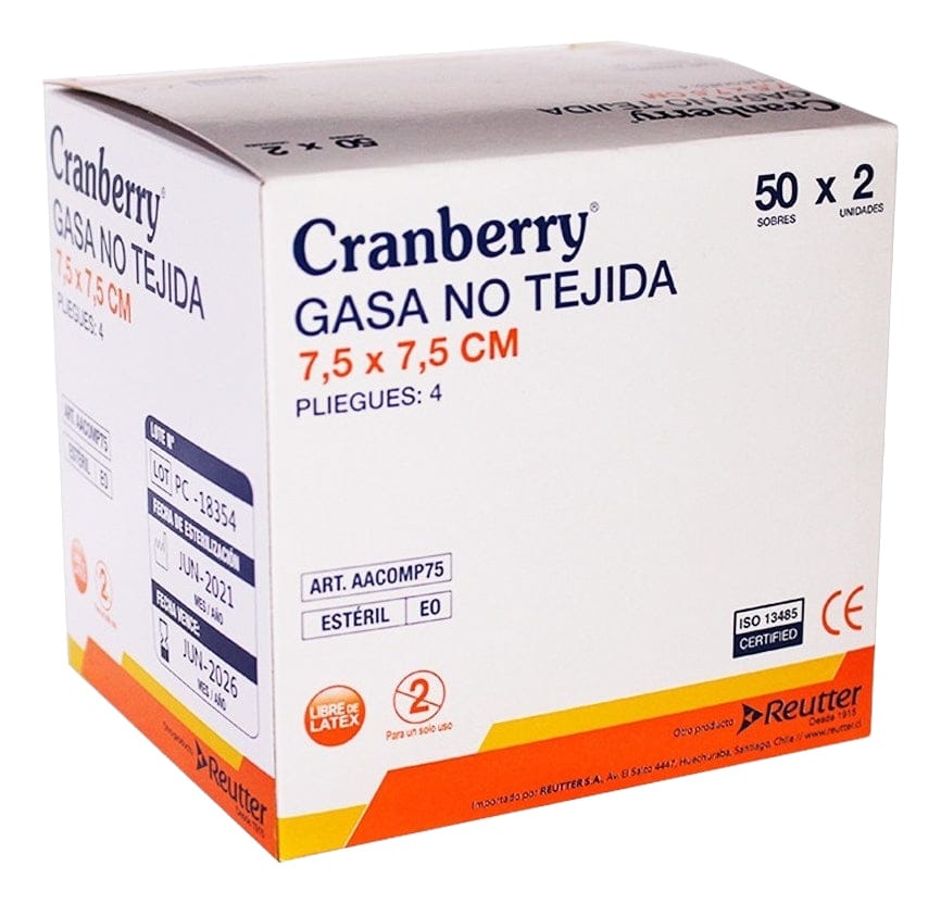 FASMED.CL Gasa No Tejida Estéril Cranberry Gasa Estéril No Tejida Cranberry – Caja 50 sobres (2u x sobre)
