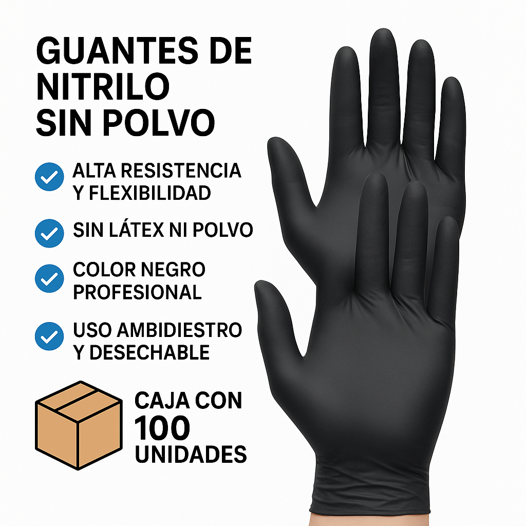 FASMED.CL Guantes de Nitrilo Negro Guantes de Nitrilo Negro Sin Polvo | Caja x 100 unidades – Alta Resistencia y Protección Médica