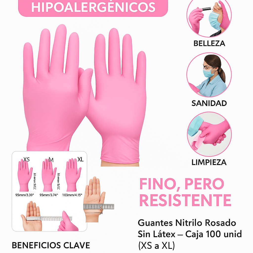 FASMED.CL Guantes de Nitrilo Rosado Guantes Nitrilo Rosado Sin Látex – Caja 100 unid (XS a XL)