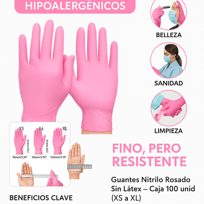 FASMED.CL Guantes de Nitrilo Rosado Guantes Nitrilo Rosado Sin Látex – Caja 100 unid (XS a XL)