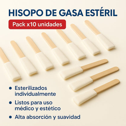 FASMED.CL Hisopo de Gasa Estéril No Tejida Hisopo de Gasa Estéril No Tejida – Pack 10 Unidades | Limpieza Médica y Estética
