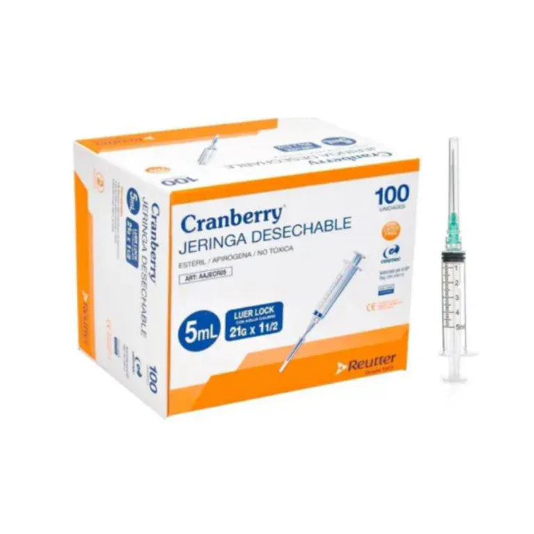 FASMED.CL Jeringa Luer Lock con Aguja 21G x 1½ 5 ML Jeringa Luer Lock con Aguja 21G x 1½” Cranberry – Desechable Estéril