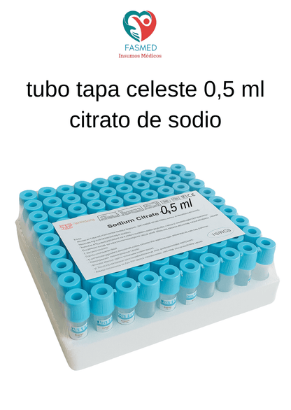 FASMED.CL tubo celeste 0,5 Tubo Vacutainer Tapa Celeste 0,5ml Citrato Sodio x100 | Coagulación
