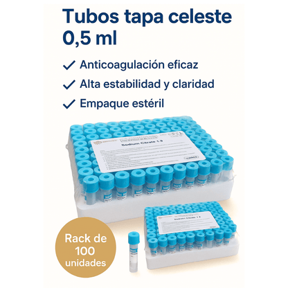 FASMED.CL tubo celeste 0,5 Tubo Vacutainer Tapa Celeste 0,5ml Citrato Sodio x100 | Coagulación
