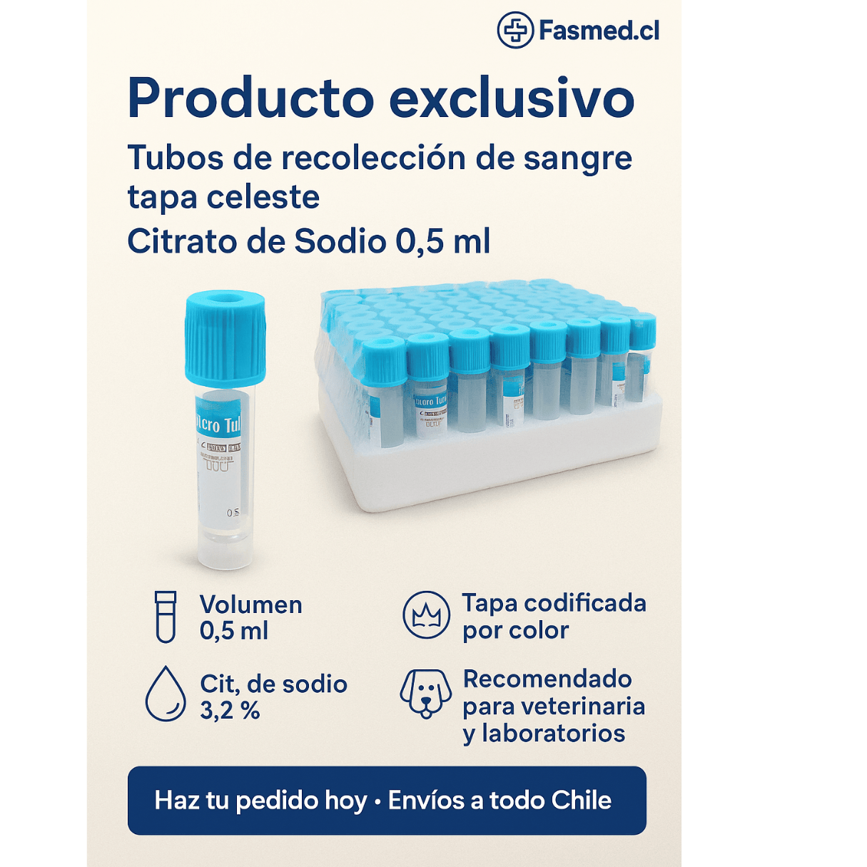 FASMED.CL tubo celeste 0,5 Tubo Vacutainer Tapa Celeste 0,5ml Citrato Sodio x100 | Coagulación