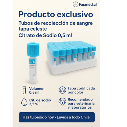 FASMED.CL tubo celeste 0,5 Tubo Vacutainer Tapa Celeste 0,5ml Citrato Sodio x100 | Coagulación