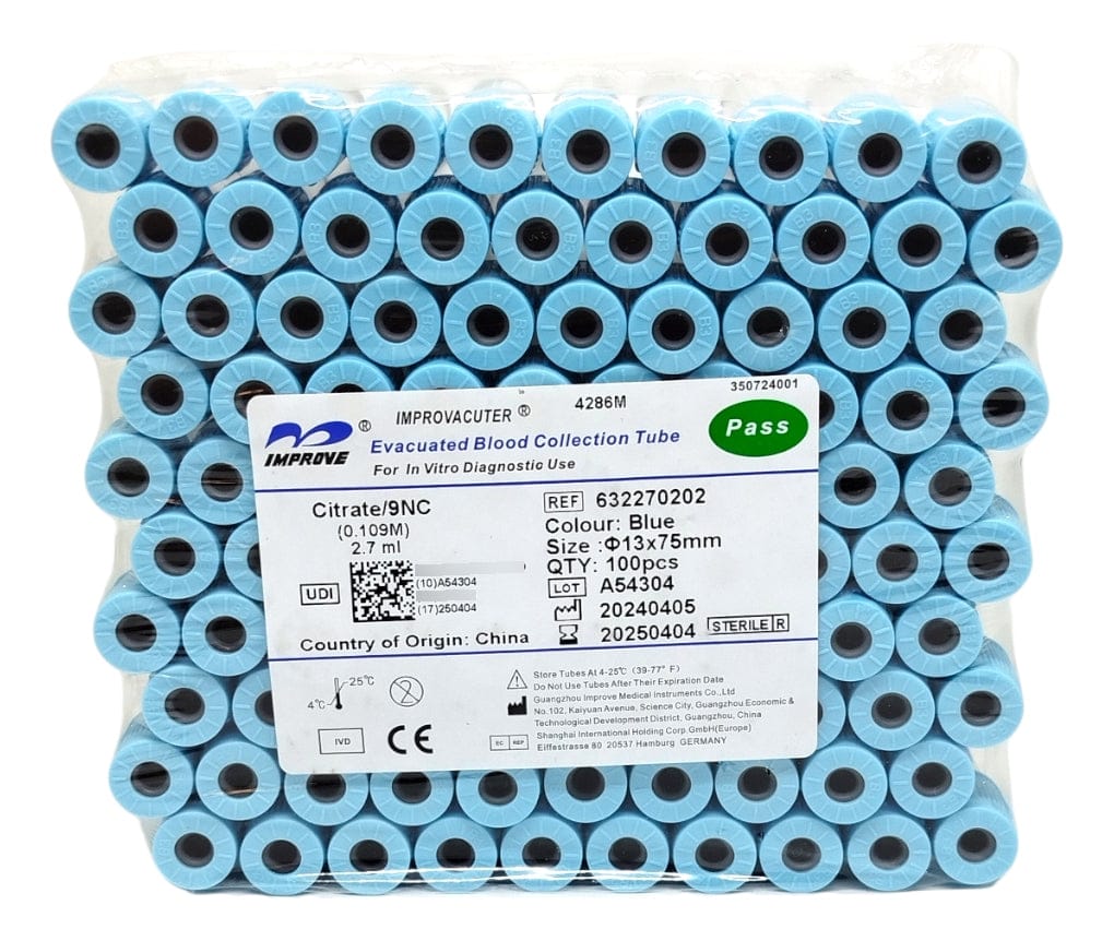 FASMED.CL Tubo Tapa Celeste 2,7ml ( Citrato De Sodio 3,2% ) 100 Tubos